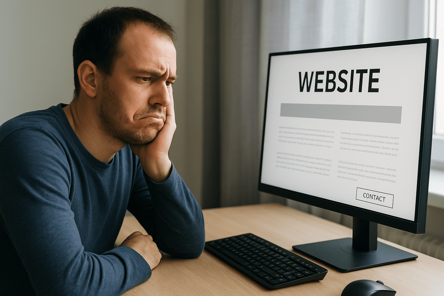 a man sitting at a desk looking unhappily at a computer screen